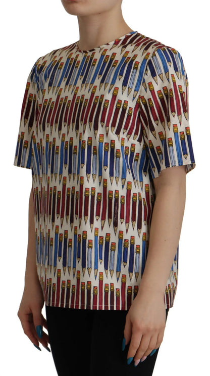 Dolce & Gabbana White Pencil Print Cotton T-shirt Blouse by Dolce & Gabbana