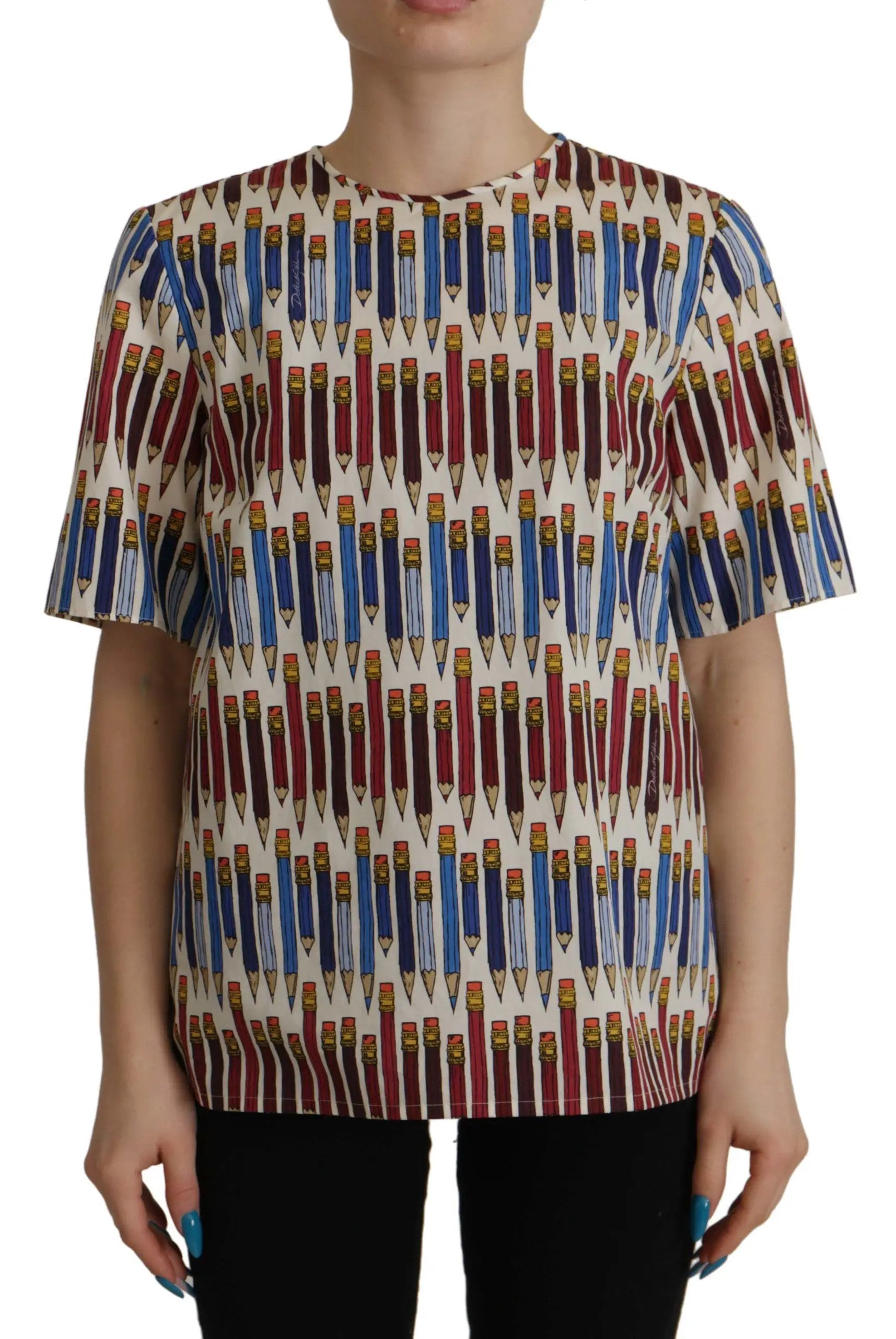 Dolce & Gabbana White Pencil Print Cotton T-shirt Blouse by Dolce & Gabbana
