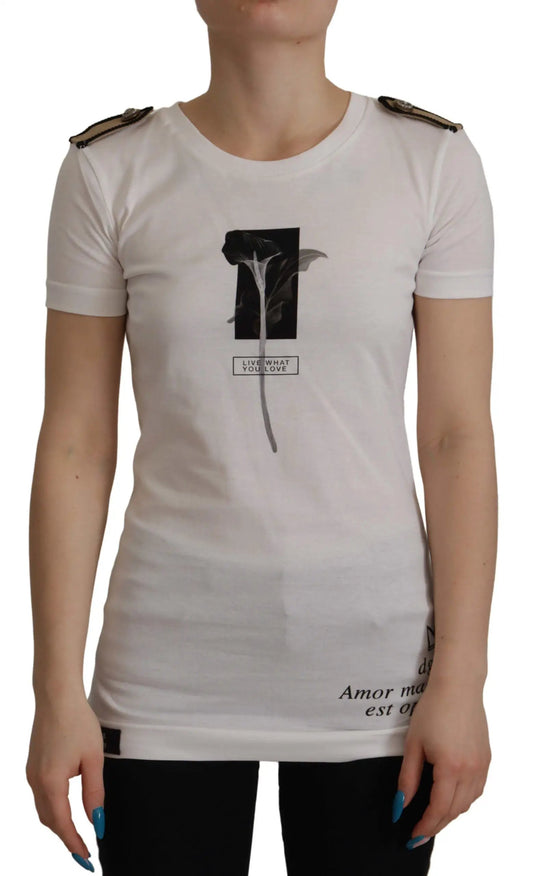Dolce & Gabbana White Black Roses Crewneck Cotton T-shirt by Dolce & Gabbana