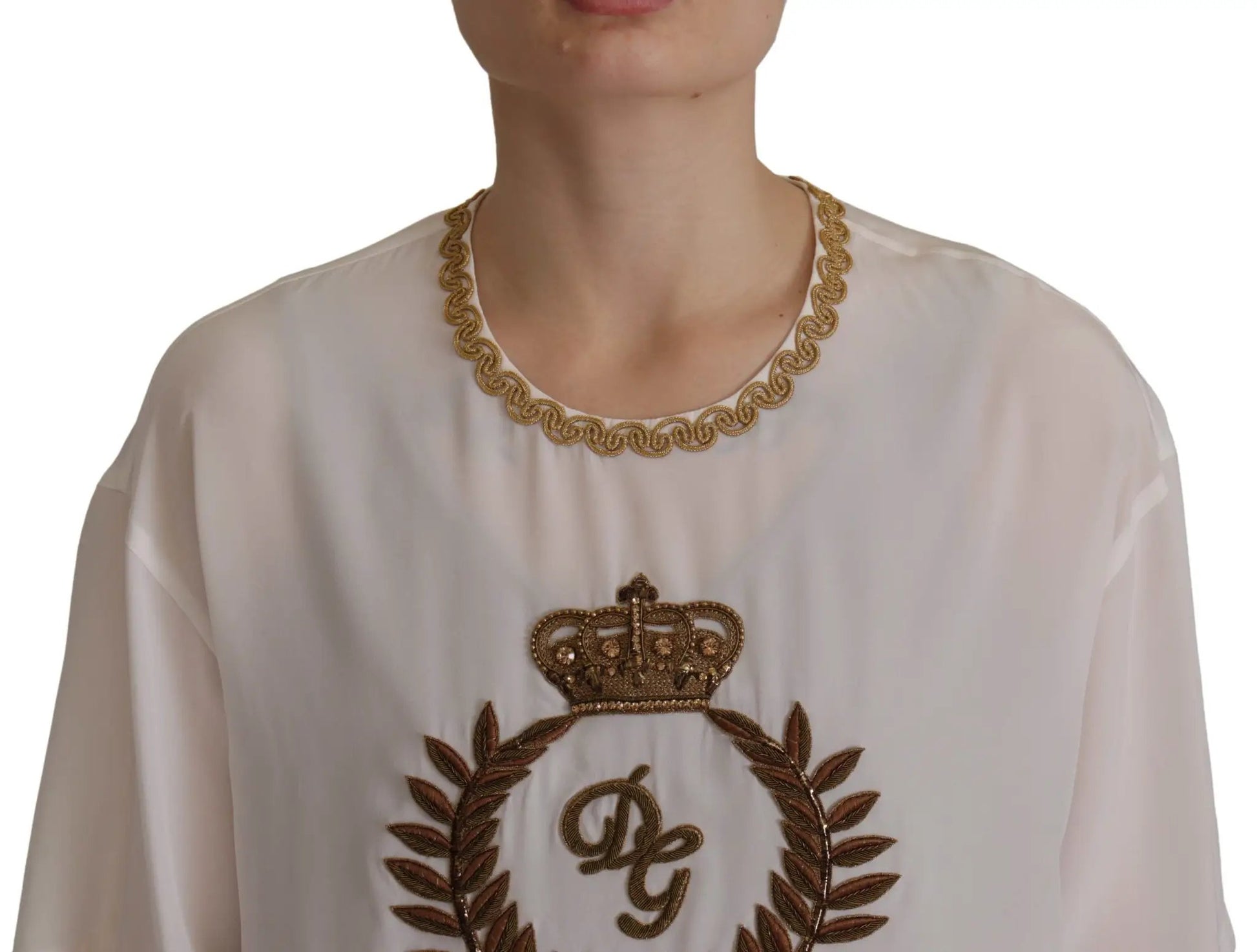 Dolce & Gabbana White Silk Gold DG Crown Crystal Blouse Top by Dolce & Gabbana