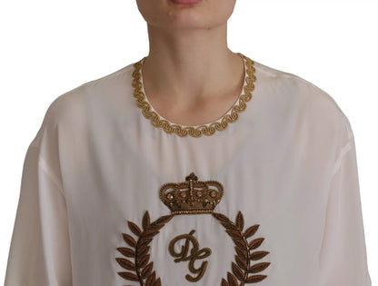 Dolce & Gabbana White Silk Gold DG Crown Crystal Blouse Top by Dolce & Gabbana