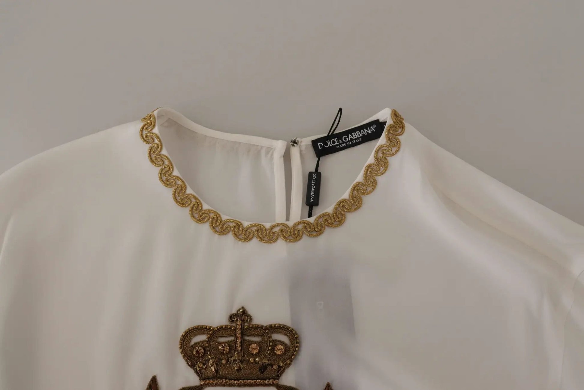 Dolce & Gabbana White Silk Gold DG Crown Crystal Blouse Top by Dolce & Gabbana