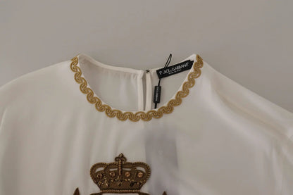 Dolce & Gabbana White Silk Gold DG Crown Crystal Blouse Top by Dolce & Gabbana