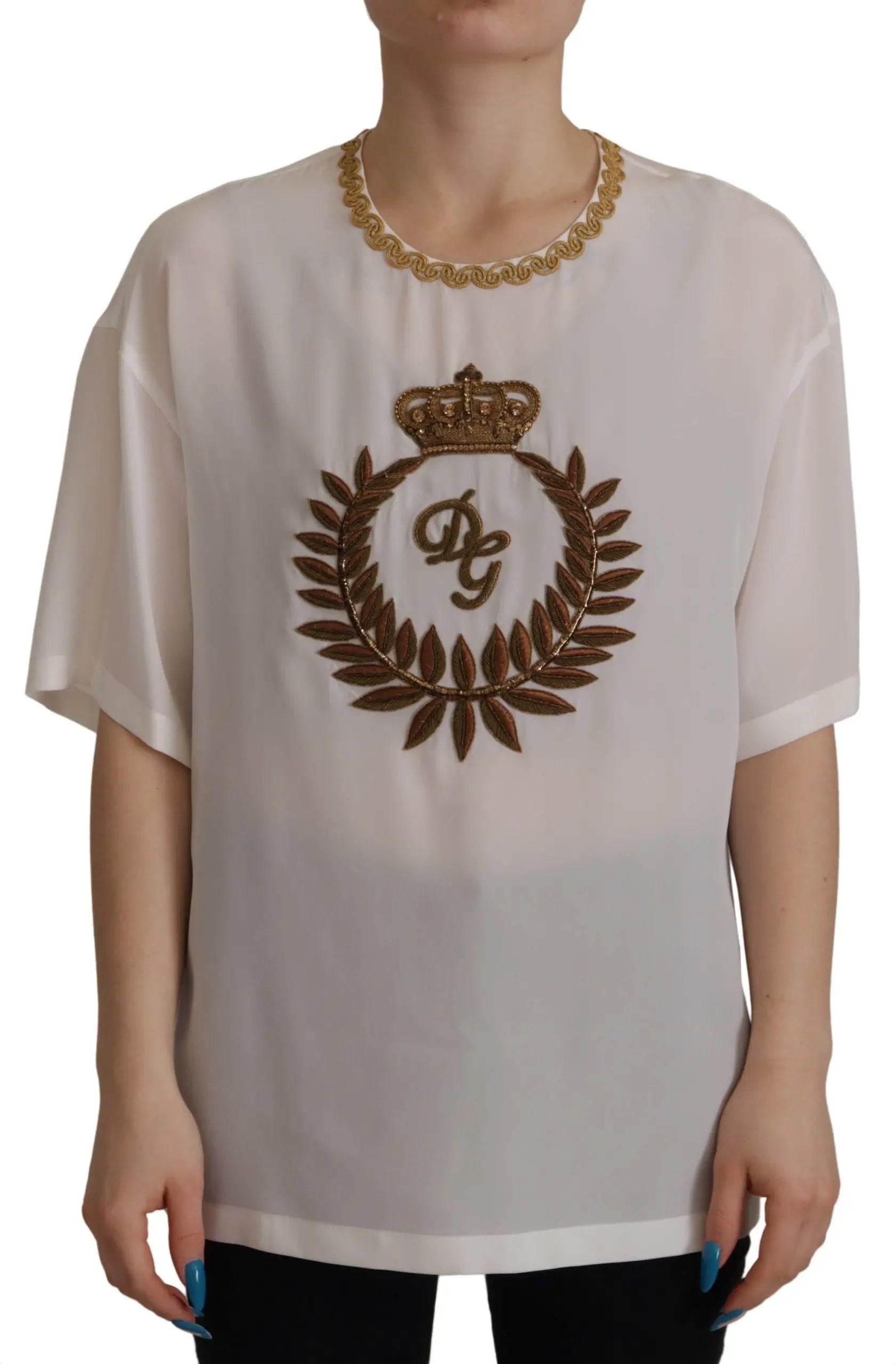 Dolce & Gabbana White Silk Gold DG Crown Crystal Blouse Top by Dolce & Gabbana