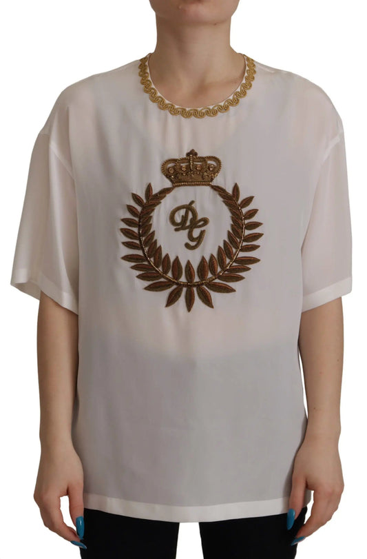 Dolce & Gabbana White Silk Gold DG Crown Crystal Blouse Top by Dolce & Gabbana