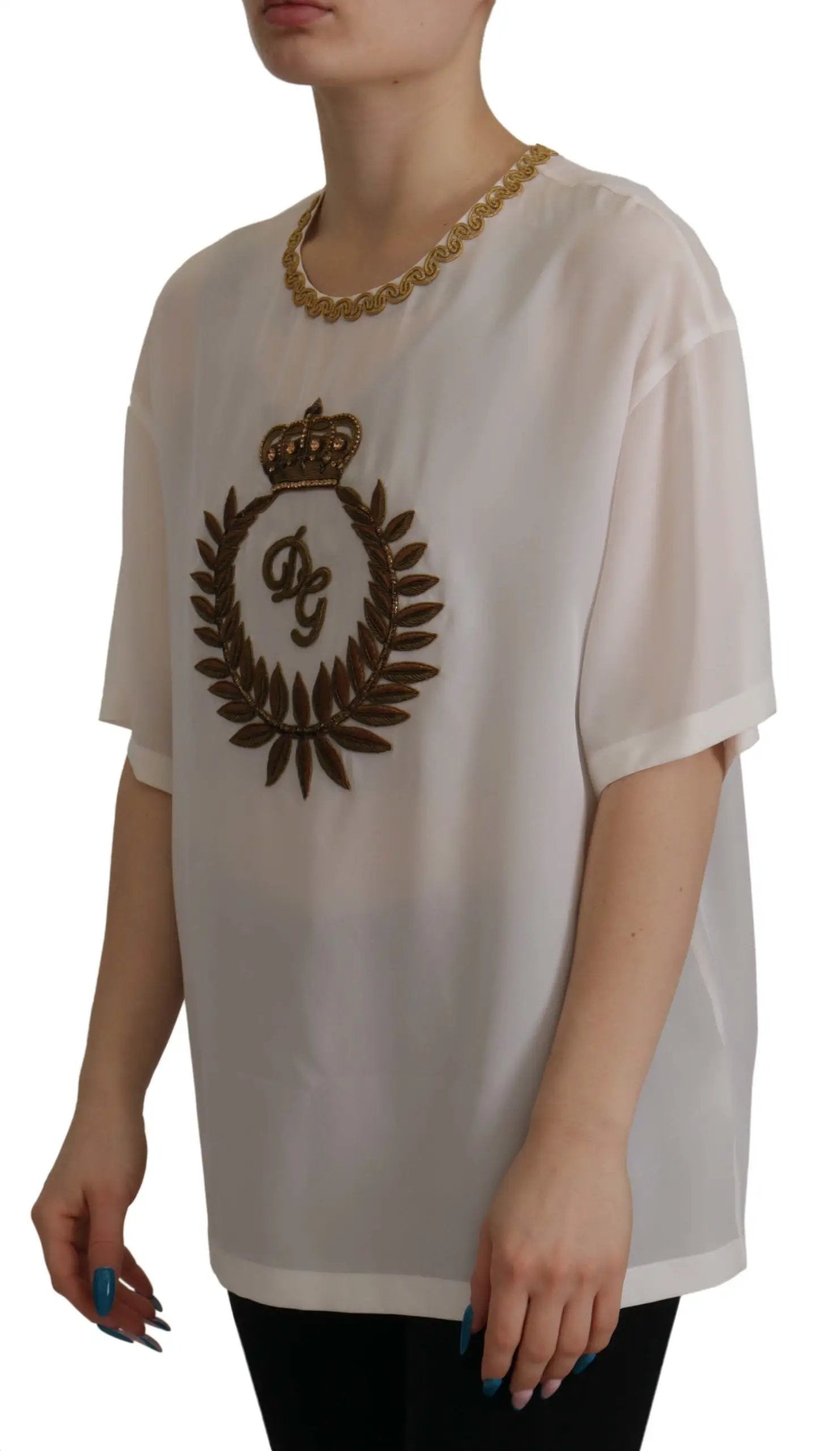 Dolce & Gabbana White Silk Gold DG Crown Crystal Blouse Top by Dolce & Gabbana