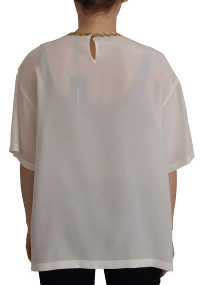 Dolce & Gabbana White Silk Gold DG Crown Crystal Blouse Top by Dolce & Gabbana