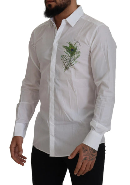 Dolce & Gabbana White Cotton Peacock Feather Formal GOLD Shirt by Dolce & Gabbana