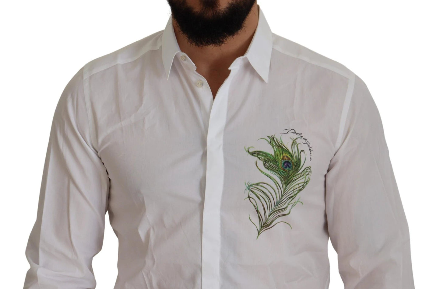 Dolce & Gabbana White Cotton Peacock Feather Formal GOLD Shirt by Dolce & Gabbana