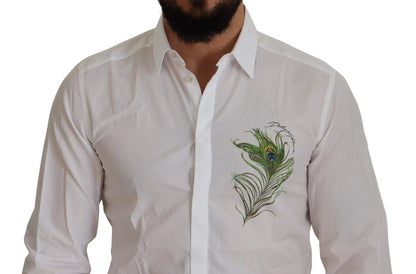 Dolce & Gabbana White Cotton Peacock Feather Formal GOLD Shirt by Dolce & Gabbana