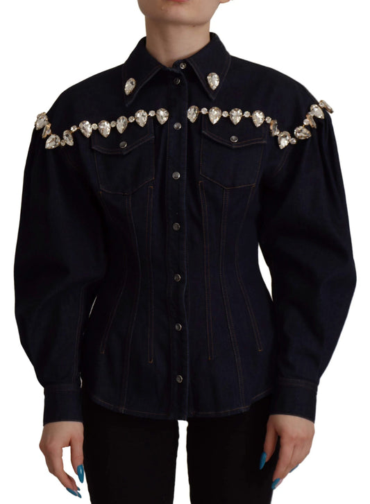 Dolce & Gabbana Blue Denim Crystal Embellish Cotton Jacket by Dolce & Gabbana