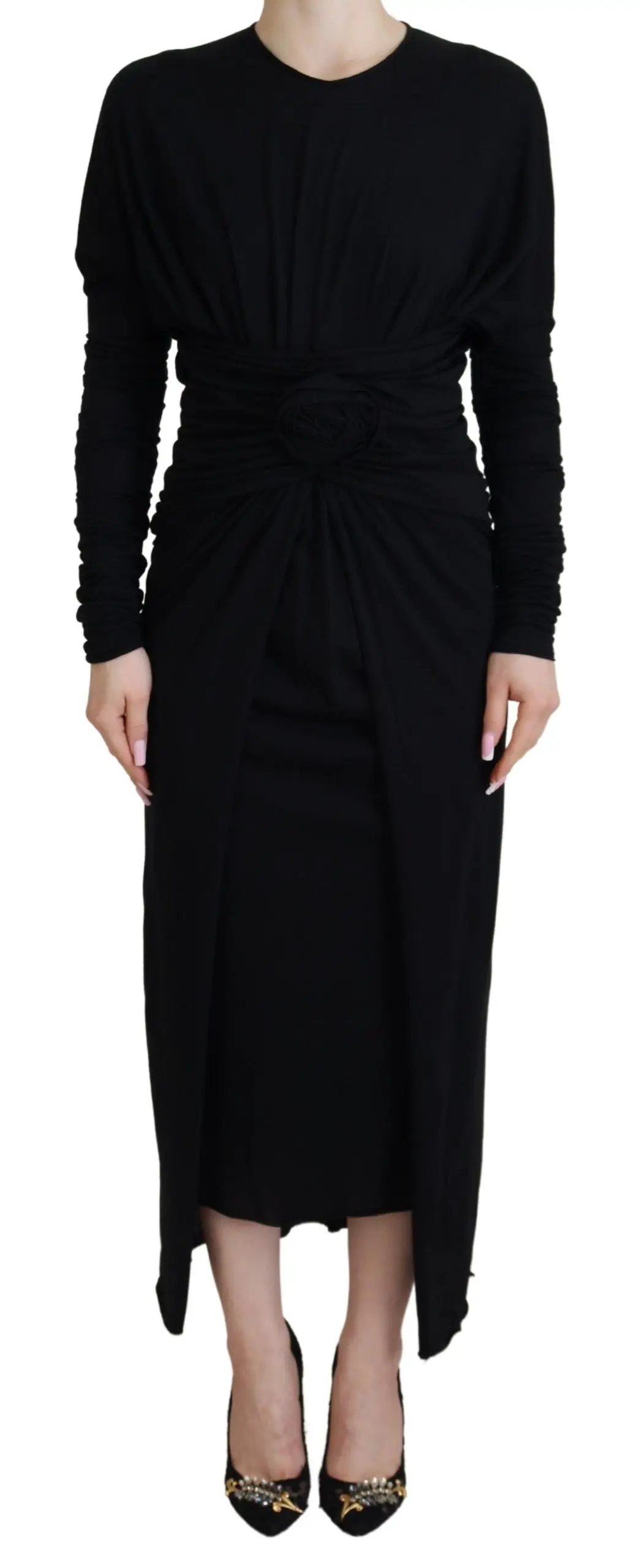 Dolce & Gabbana Black Sheath Midi Gown Wool Wrap Dress by Dolce & Gabbana