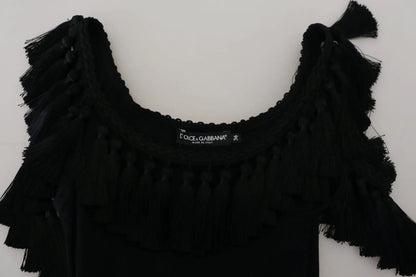 Dolce & Gabbana Black Tank Top Blouse Tassle Cotton Blouse by Dolce & Gabbana