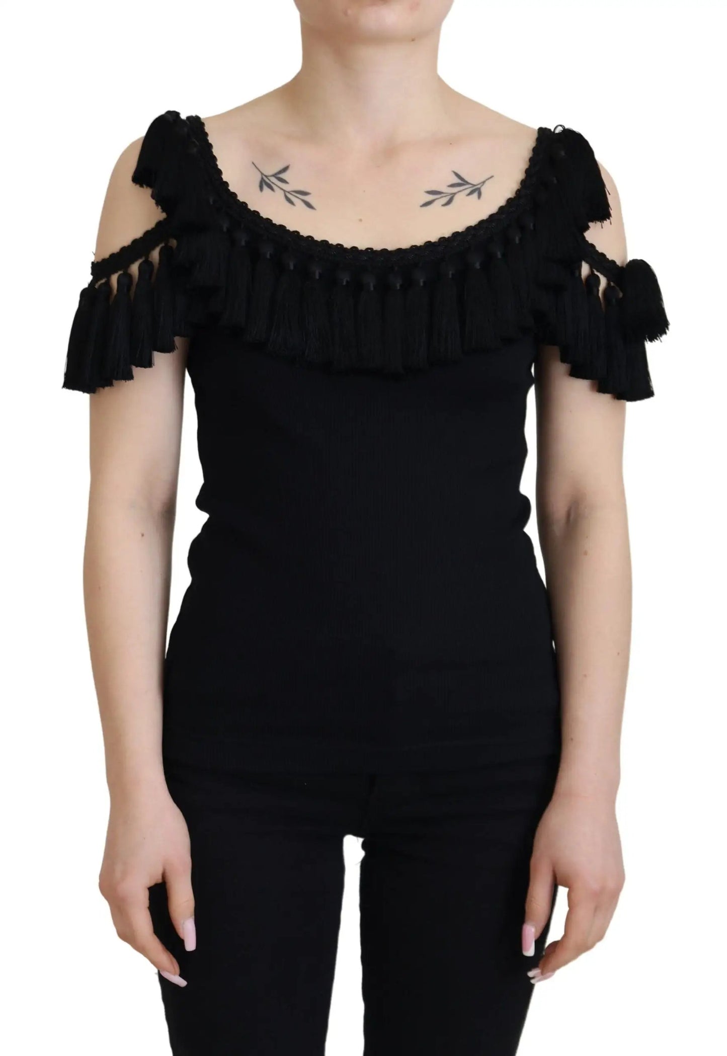 Dolce & Gabbana Black Tank Top Blouse Tassle Cotton Blouse by Dolce & Gabbana