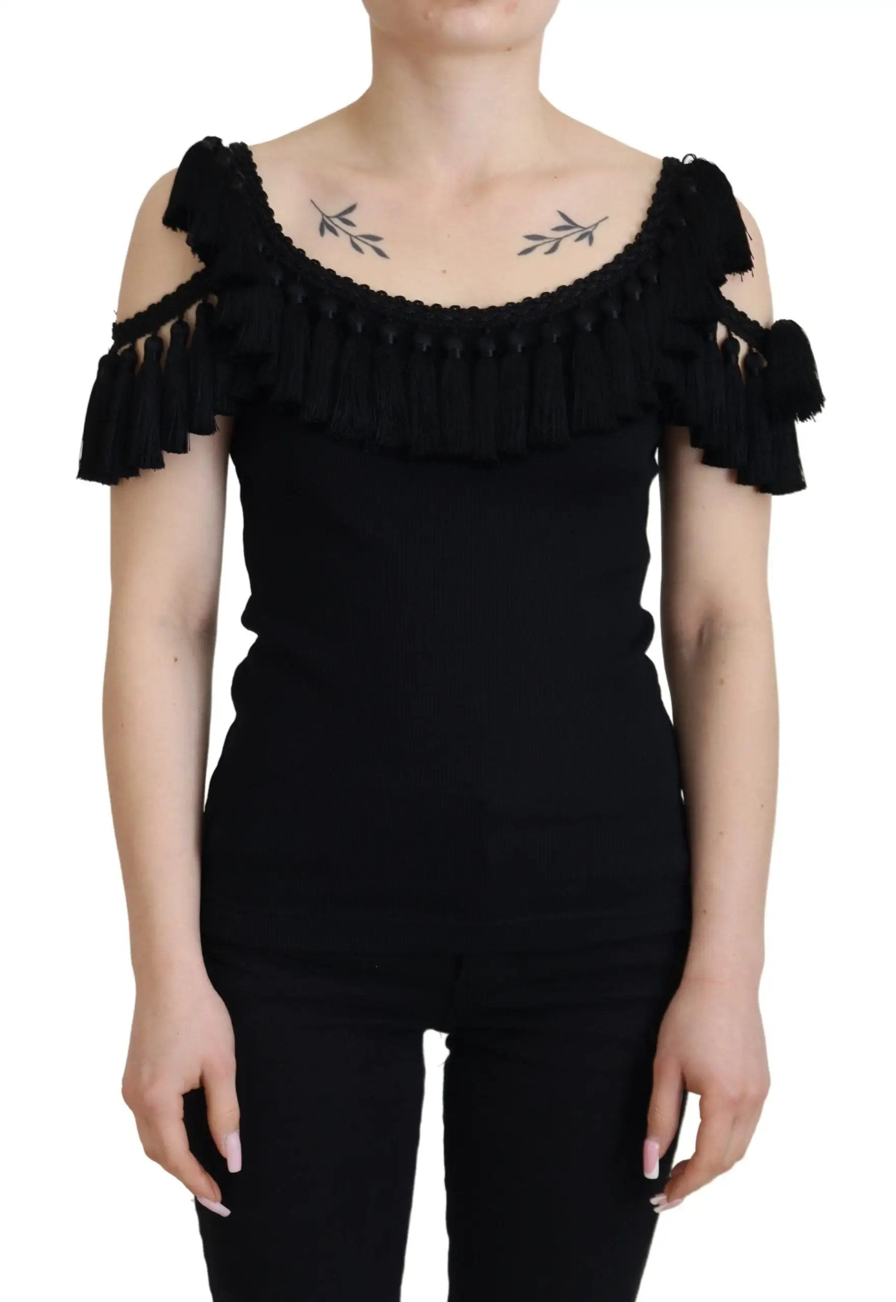 Dolce & Gabbana Black Tank Top Blouse Tassle Cotton Blouse by Dolce & Gabbana