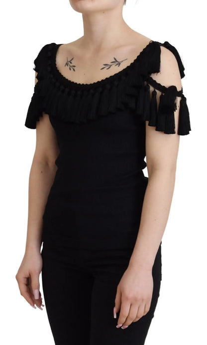 Dolce & Gabbana Black Tank Top Blouse Tassle Cotton Blouse by Dolce & Gabbana