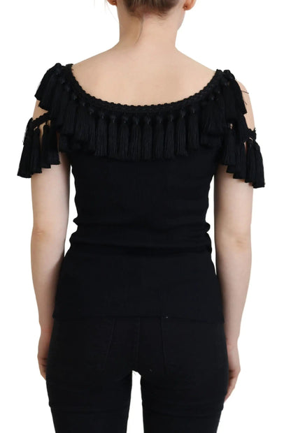 Dolce & Gabbana Black Tank Top Blouse Tassle Cotton Blouse by Dolce & Gabbana