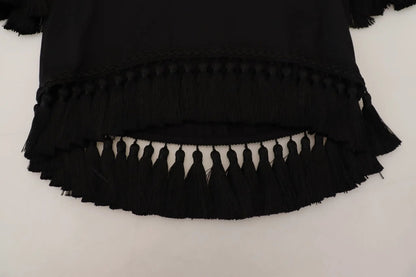 Dolce & Gabbana Black T-shirt Blouse Tassle Cotton Blouse by Dolce & Gabbana