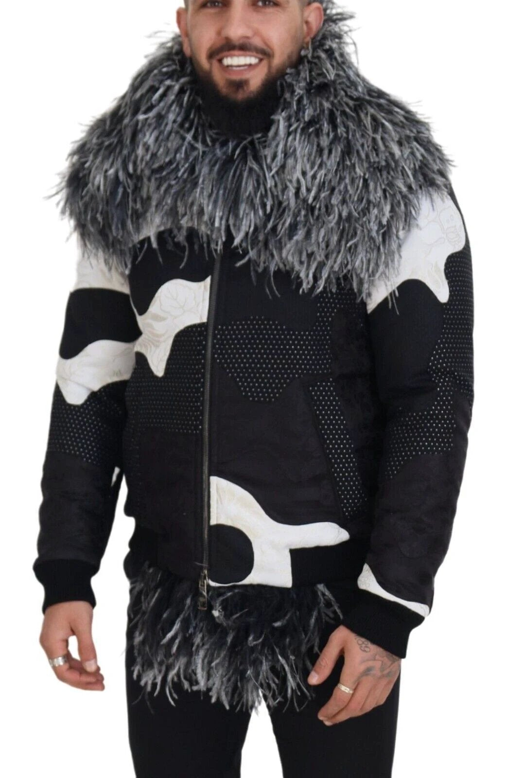 Dolce & Gabbana Black White Fur Shearling Full Zip Jacket by Dolce & Gabbana