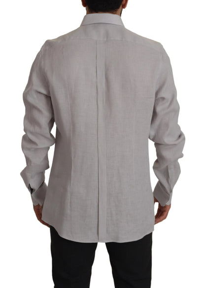 Dolce & Gabbana Gray Linen Long Sleeves Formal GOLD Shirt by Dolce & Gabbana