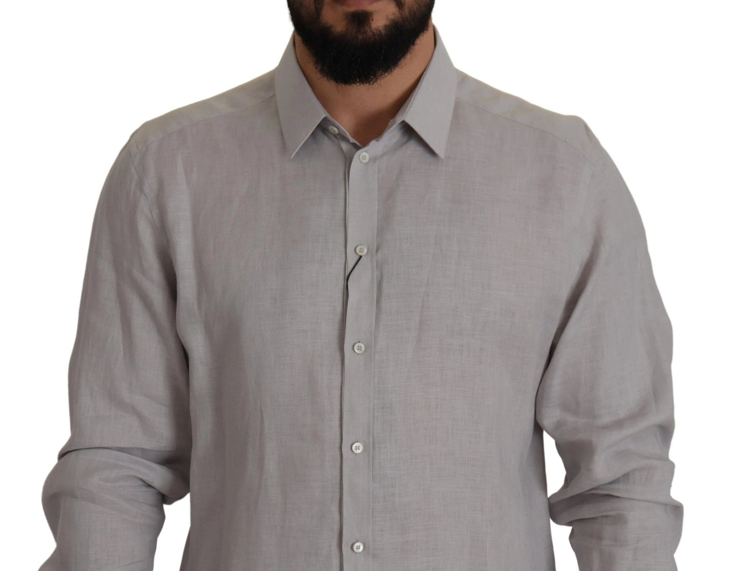Dolce & Gabbana Gray Linen Long Sleeves Formal GOLD Shirt by Dolce & Gabbana