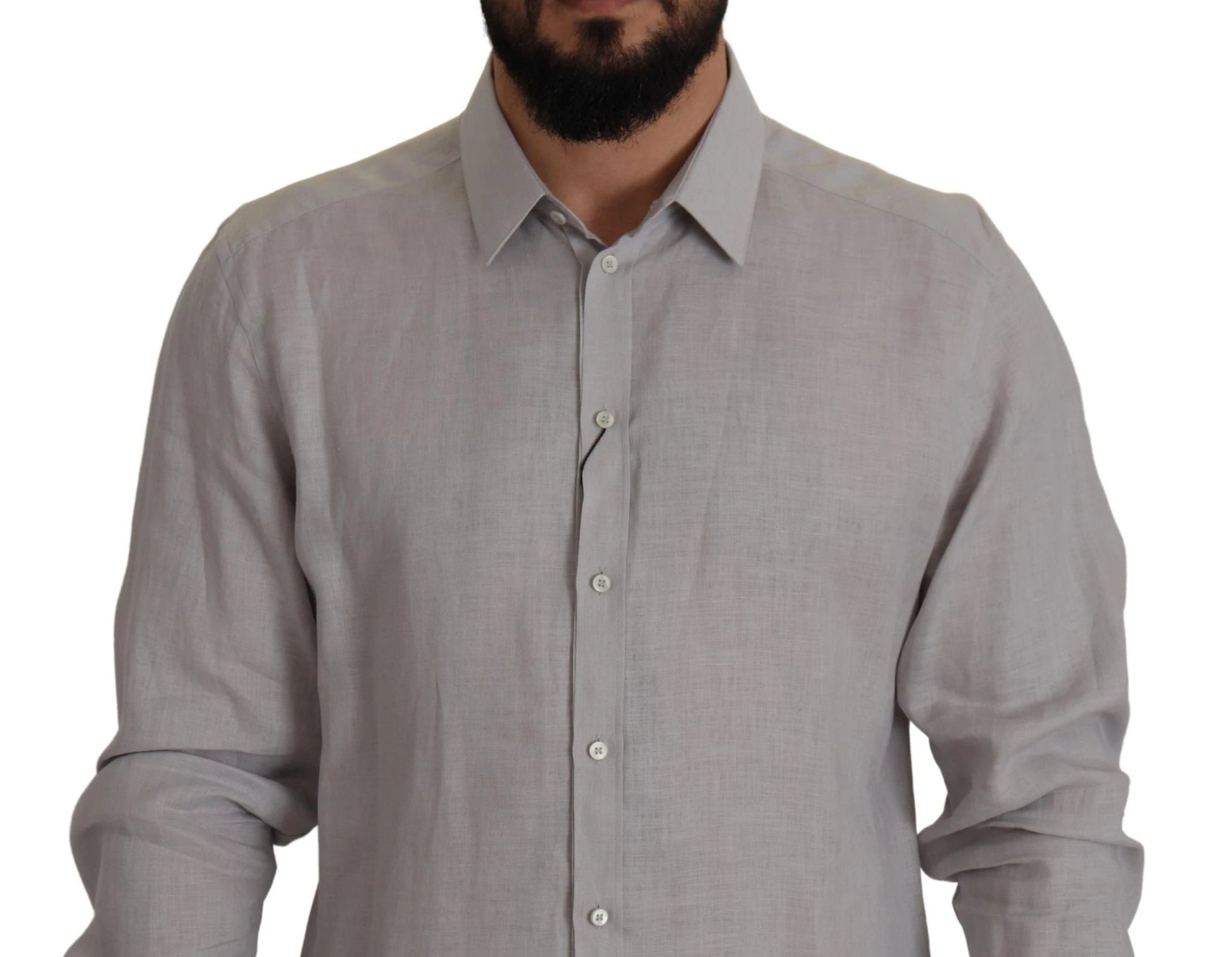 Dolce & Gabbana Gray Linen Long Sleeves Formal GOLD Shirt by Dolce & Gabbana