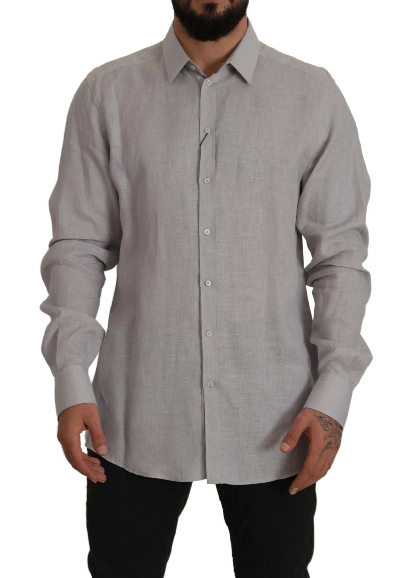 Dolce & Gabbana Gray Linen Long Sleeves Formal GOLD Shirt by Dolce & Gabbana