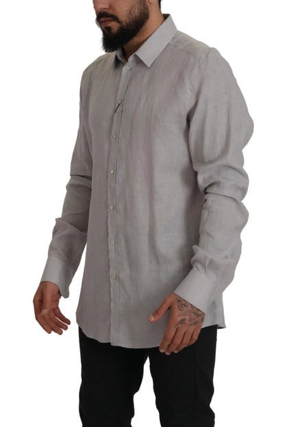 Dolce & Gabbana Gray Linen Long Sleeves Formal GOLD Shirt by Dolce & Gabbana