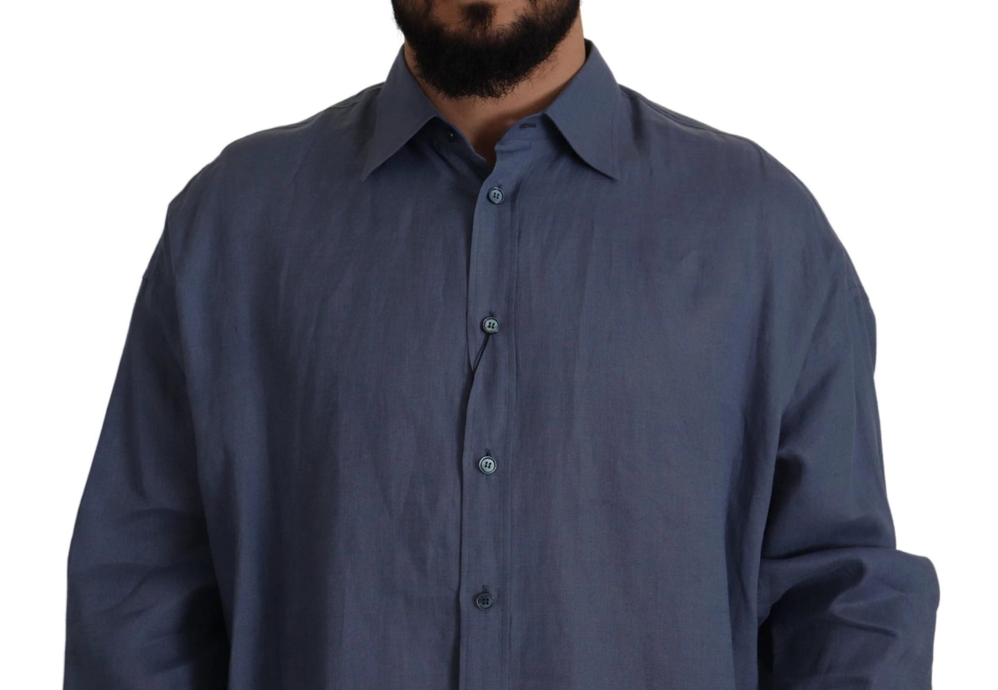 Dolce & Gabbana Dark Blue Linen Slim Fit Dress Formal Men Shirt by Dolce & Gabbana
