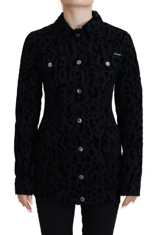 Dolce & Gabbana Black Leopard Long Sleeve Denim Cotton Jacket by Dolce & Gabbana