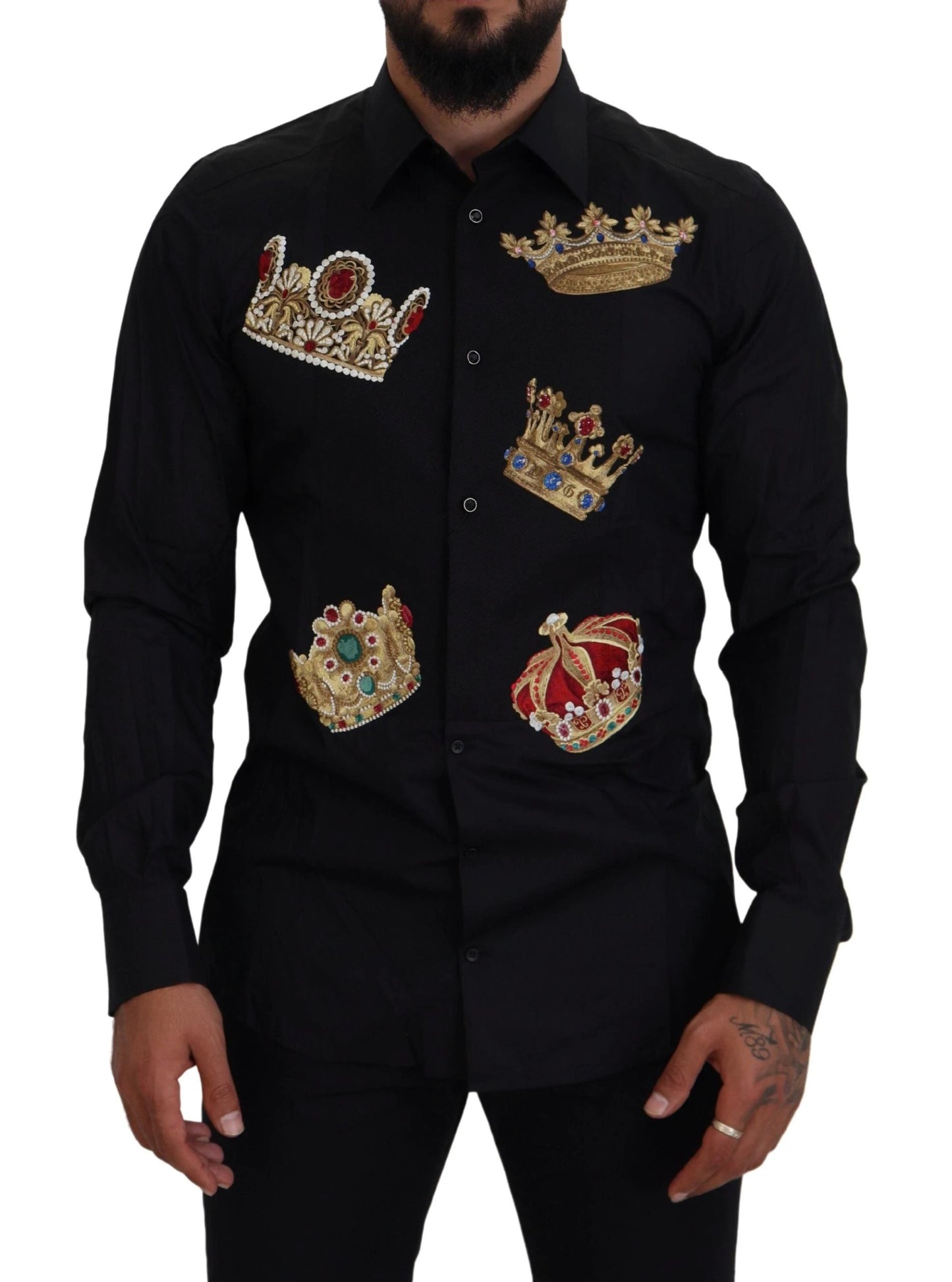 Dolce & Gabbana Black Gold Crown Slim Fit Dress Formal Shirt by Dolce & Gabbana