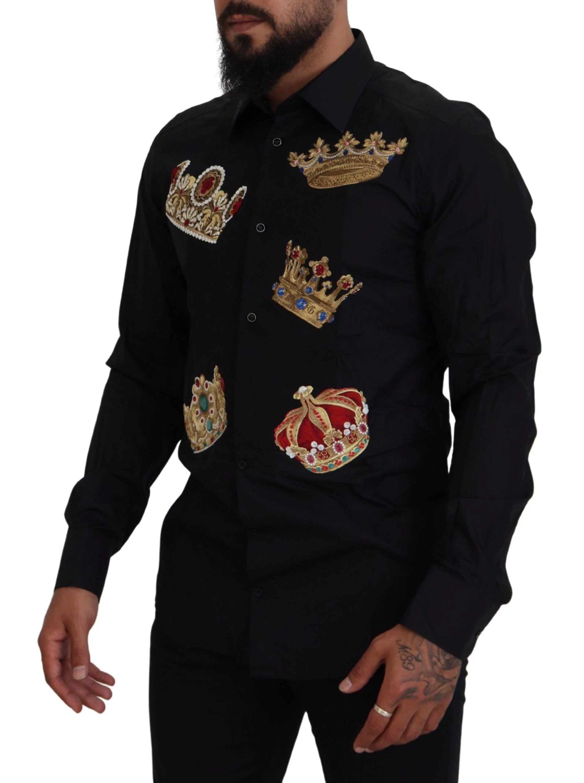 Dolce & Gabbana Black Gold Crown Slim Fit Dress Formal Shirt by Dolce & Gabbana