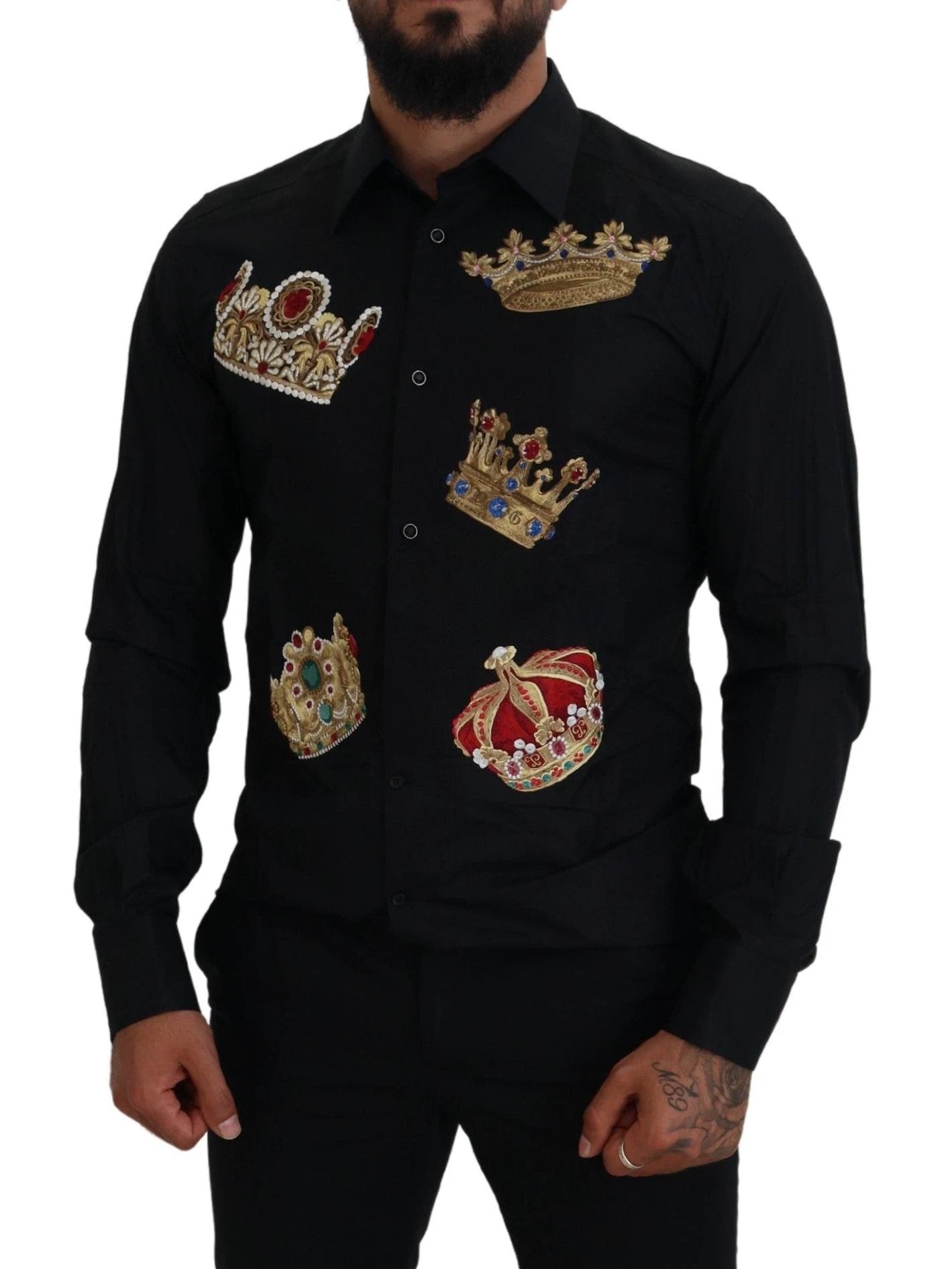 Dolce & Gabbana Black Gold Crown Slim Fit Dress Formal Shirt by Dolce & Gabbana