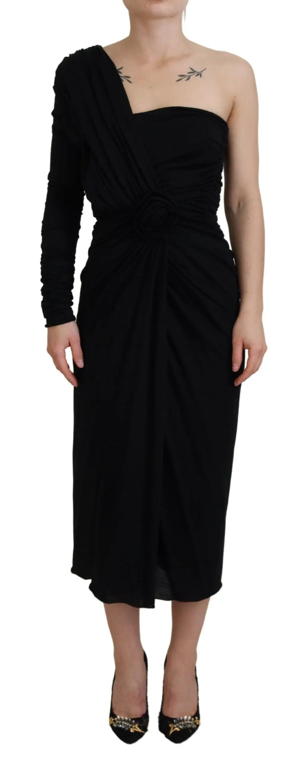 Dolce & Gabbana Black Wrap Sheath One Shoulder Wool Dress by Dolce & Gabbana