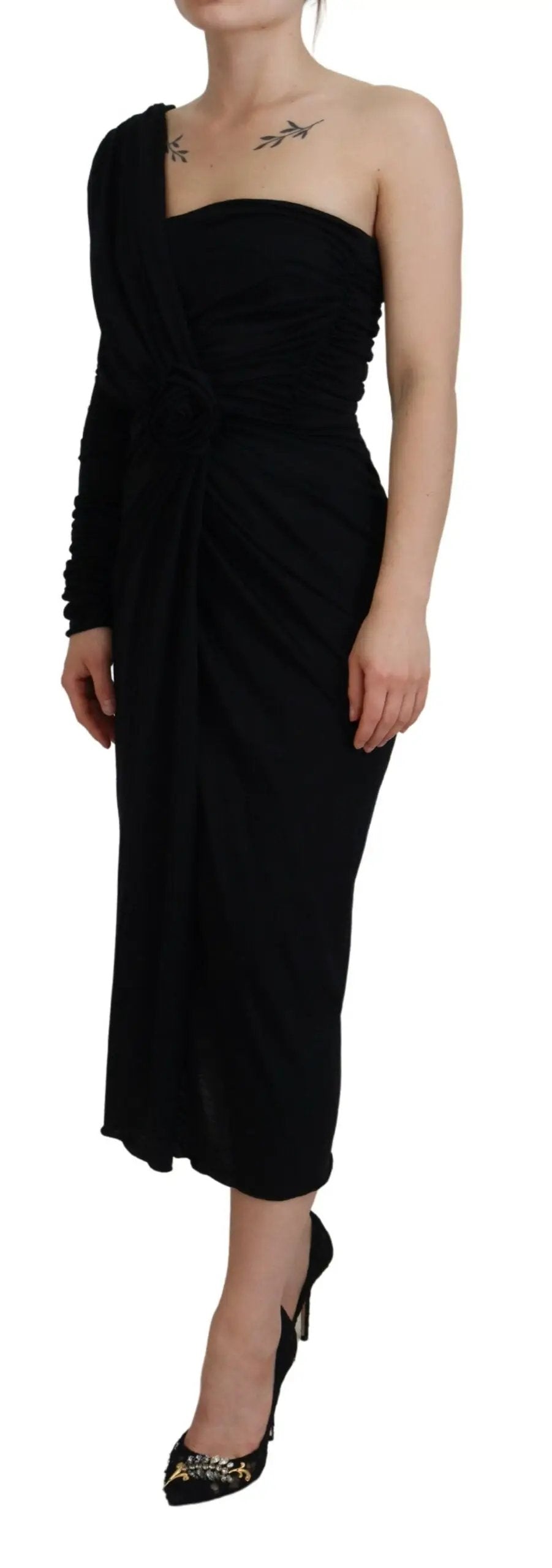 Dolce & Gabbana Black Wrap Sheath One Shoulder Wool Dress by Dolce & Gabbana
