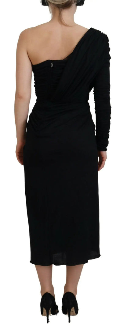 Dolce & Gabbana Black Wrap Sheath One Shoulder Wool Dress by Dolce & Gabbana