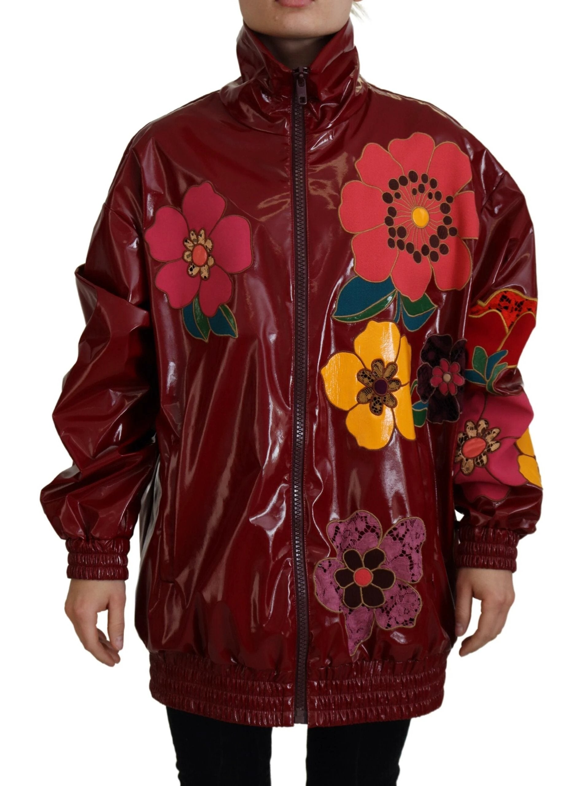 Dolce & Gabbana Maroon Floral Full Zip Polyester Women Jacket by Dolce & Gabbana