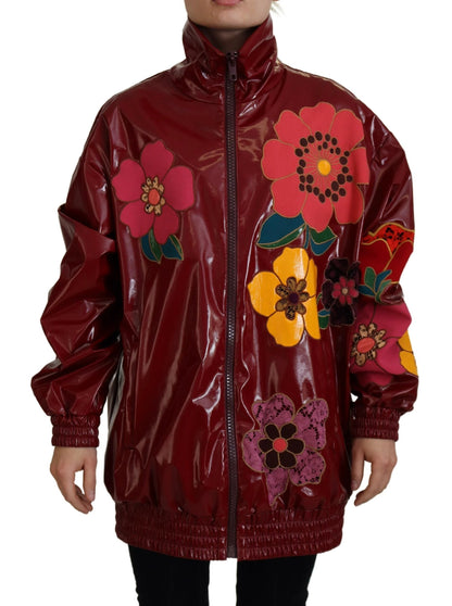 Dolce & Gabbana Maroon Floral Full Zip Polyester Women Jacket by Dolce & Gabbana