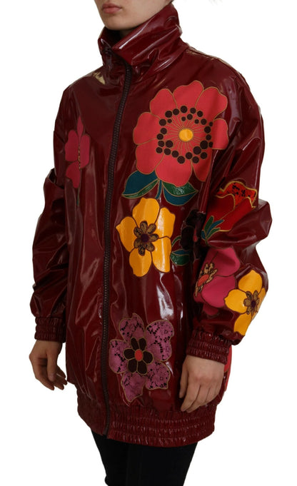 Dolce & Gabbana Maroon Floral Full Zip Polyester Women Jacket by Dolce & Gabbana