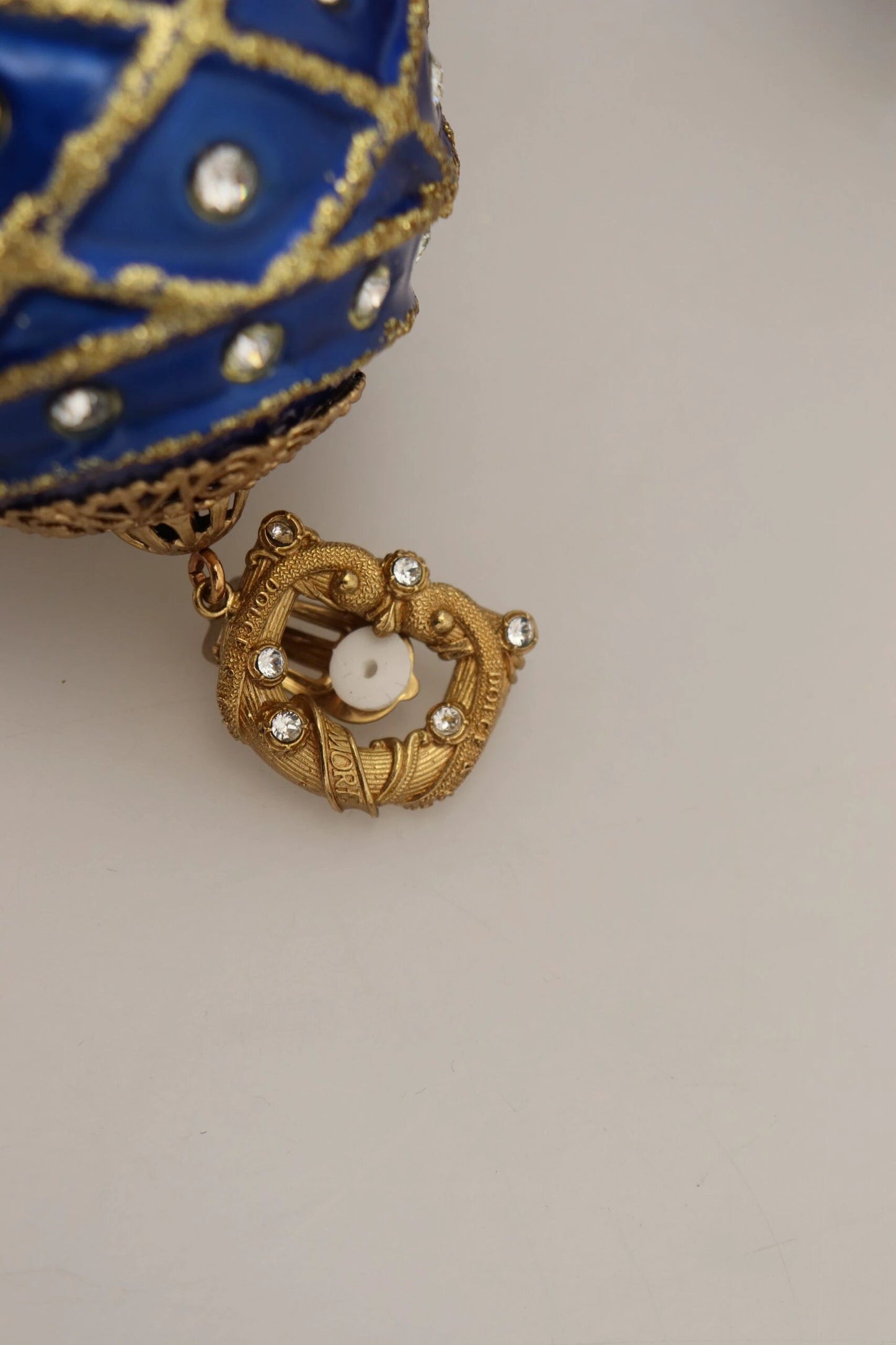 Dolce & Gabbana Gold Brass Blue Dangle Ball Crystal Clip On Earrings