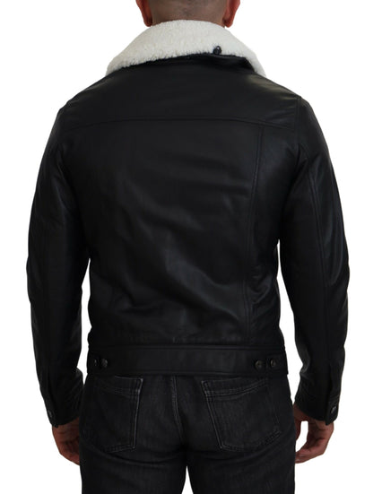 Dolce & Gabbana Black Lamb Leather Collared Men Coat Jacket