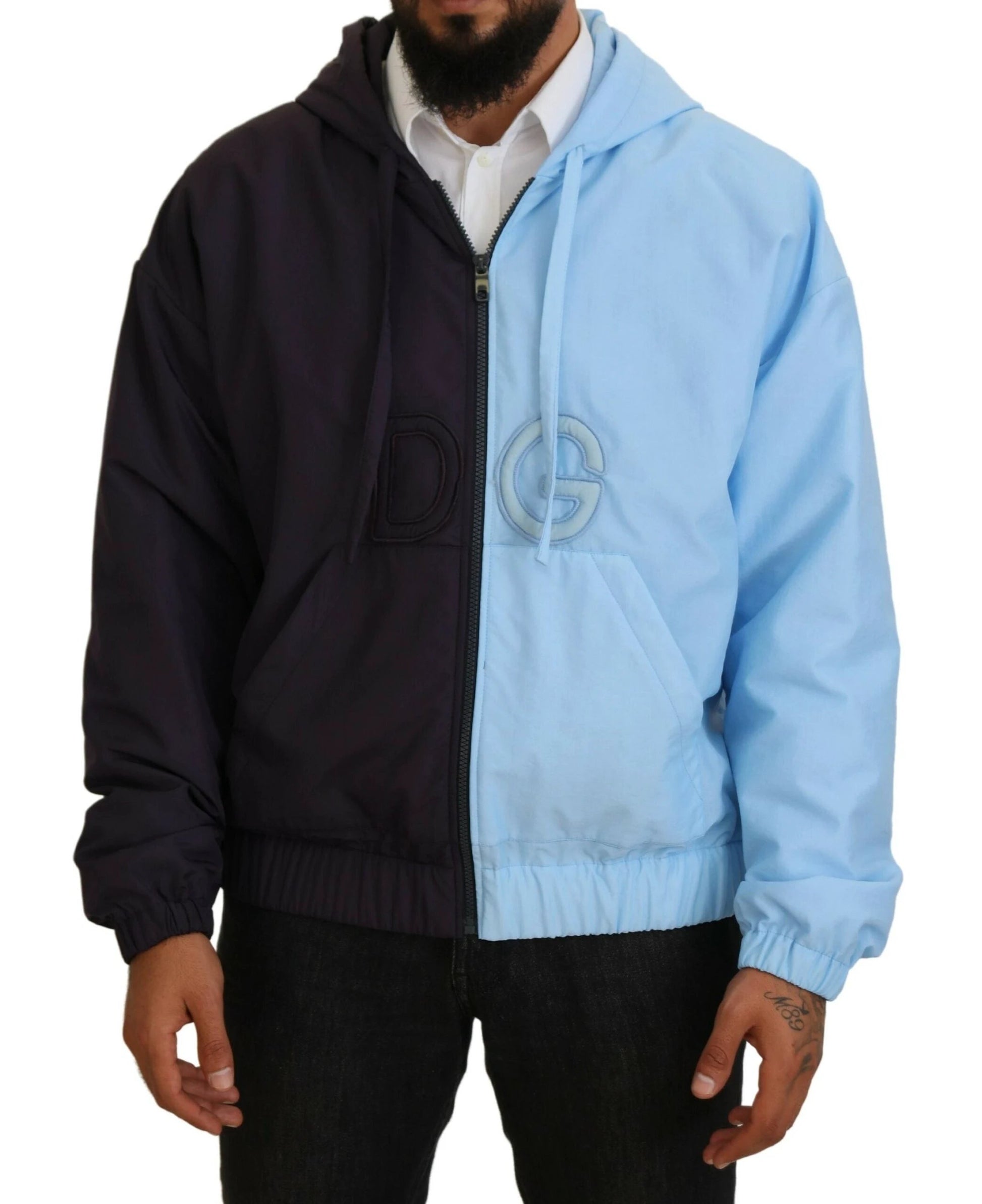 Dolce & Gabbana Black Blue DG Hooded Full Zip Men Jacket by Dolce & Gabbana