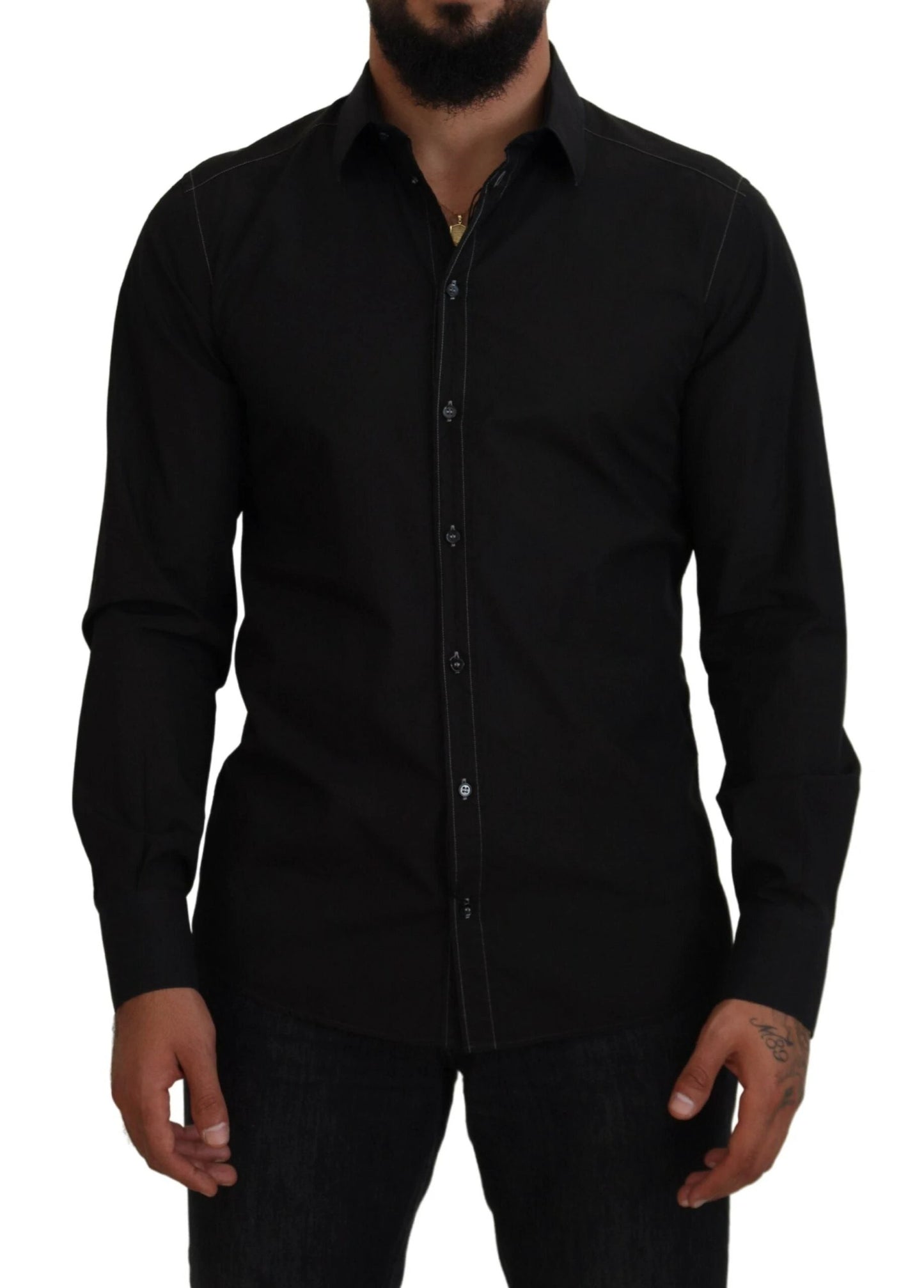 Dolce & Gabbana Black Cotton Collared Long Sleeve GOLD Shirt by Dolce & Gabbana