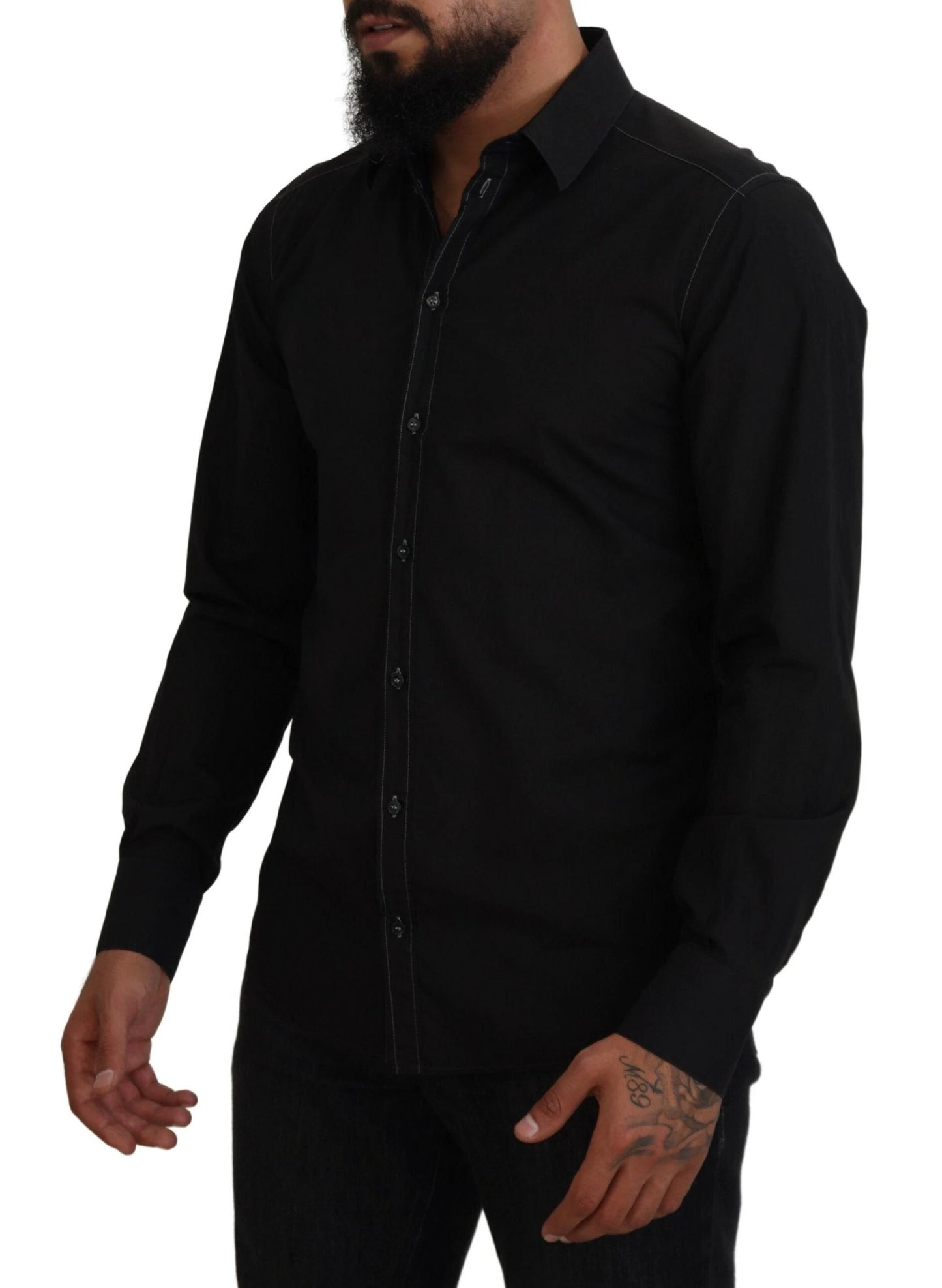 Dolce & Gabbana Black Cotton Collared Long Sleeve GOLD Shirt by Dolce & Gabbana