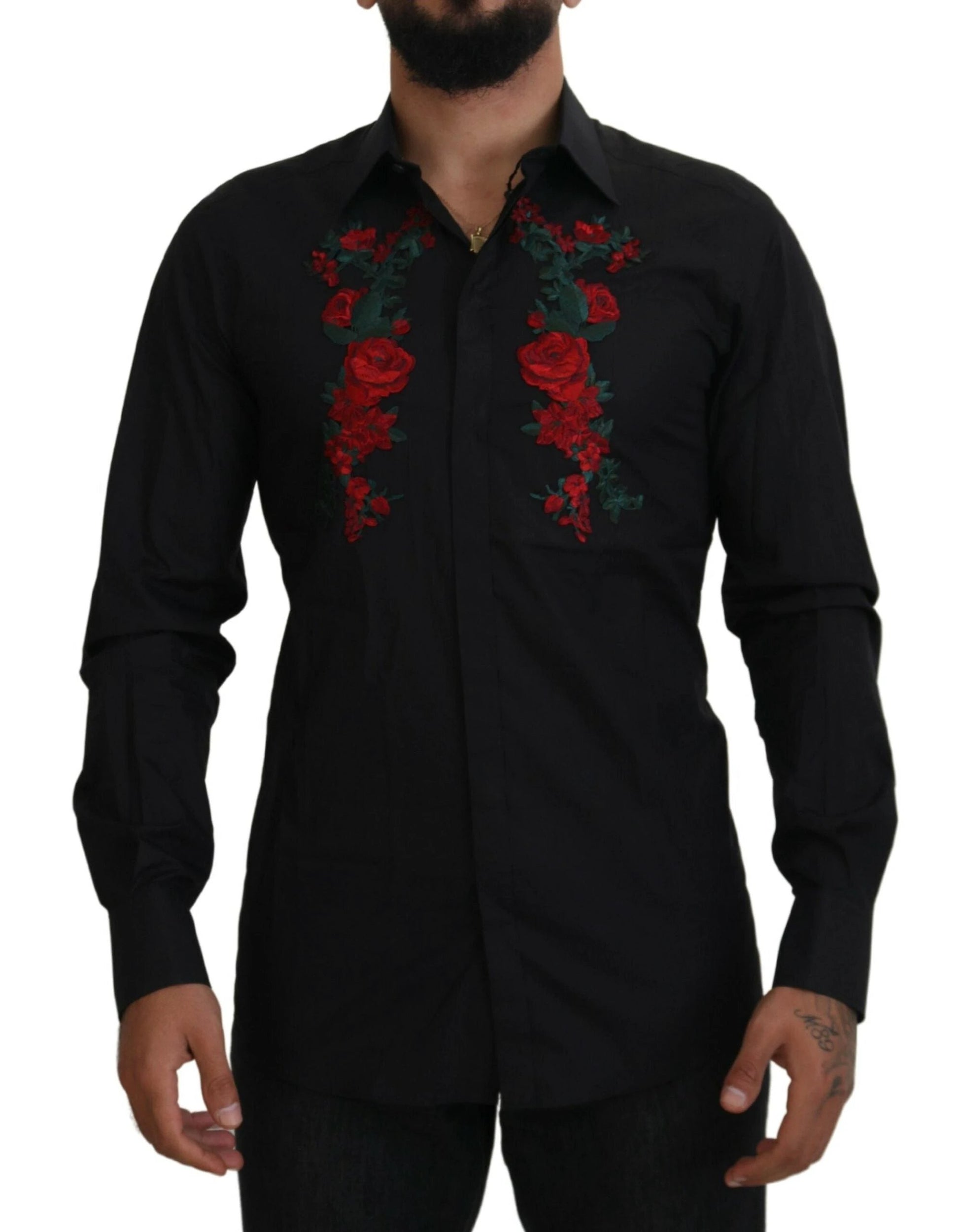 Dolce & Gabbana Black Floral Embroidery Men Long Sleeves GOLD Shirt by Dolce & Gabbana
