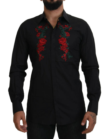 Dolce & Gabbana Black Floral Embroidery Men Long Sleeves GOLD Shirt by Dolce & Gabbana