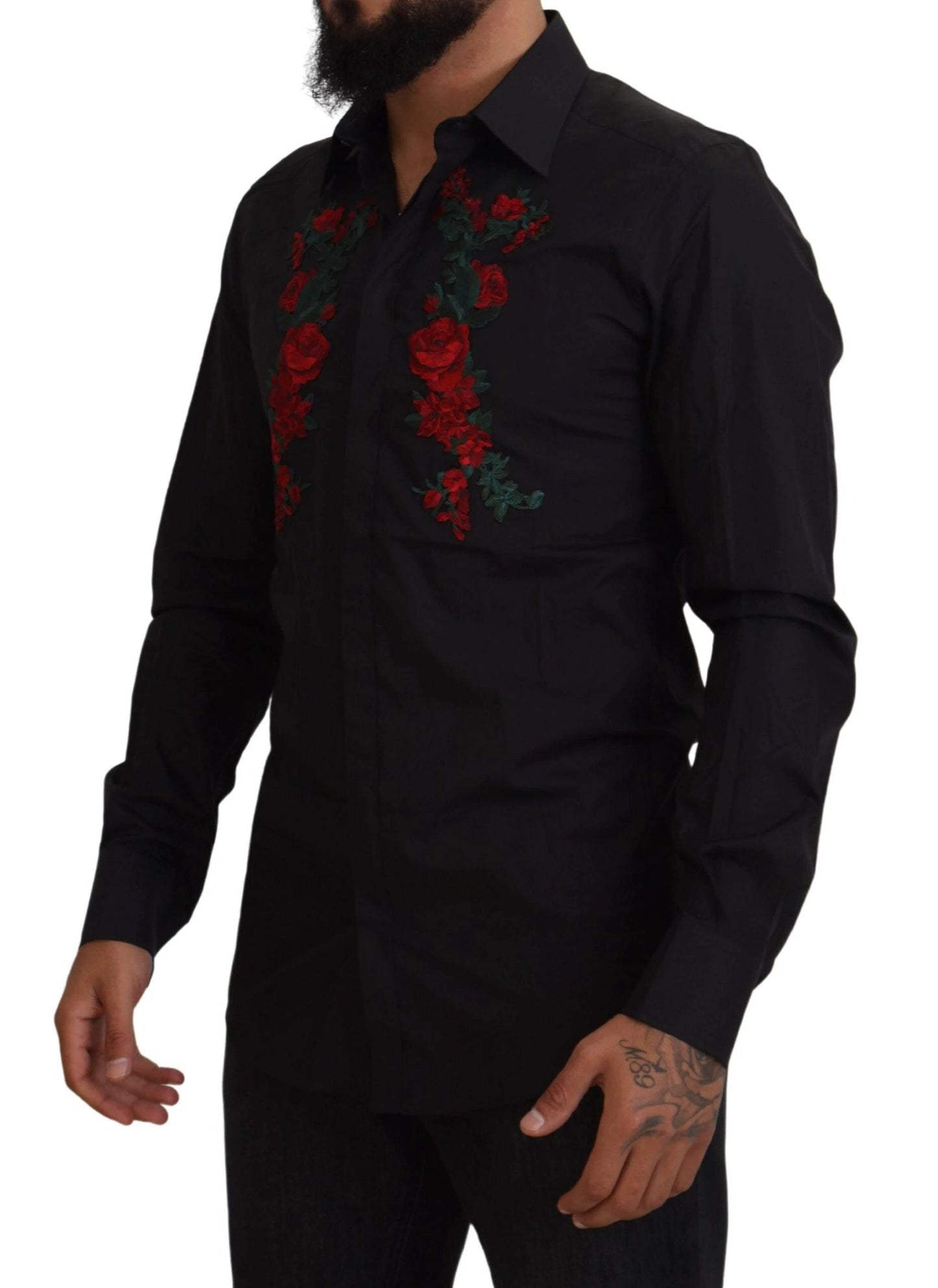 Dolce & Gabbana Black Floral Embroidery Men Long Sleeves GOLD Shirt by Dolce & Gabbana