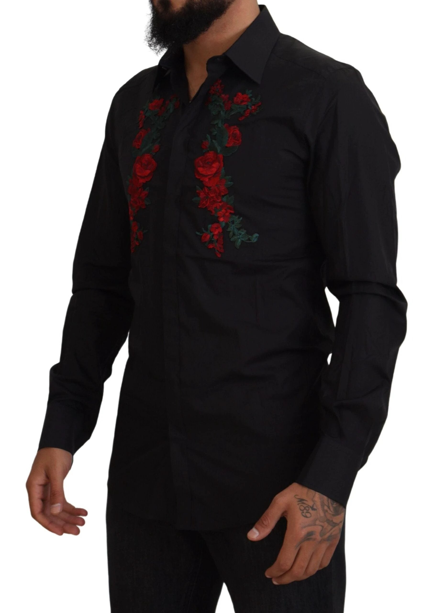 Dolce & Gabbana Black Floral Embroidery Men Long Sleeves GOLD Shirt by Dolce & Gabbana