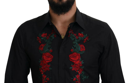 Dolce & Gabbana Black Floral Embroidery Men Long Sleeves GOLD Shirt by Dolce & Gabbana