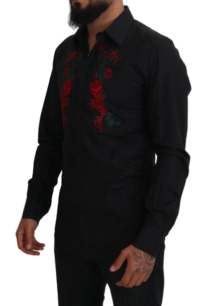 Dolce & Gabbana Black Floral Embroidery Men Long Sleeves GOLD Shirt by Dolce & Gabbana